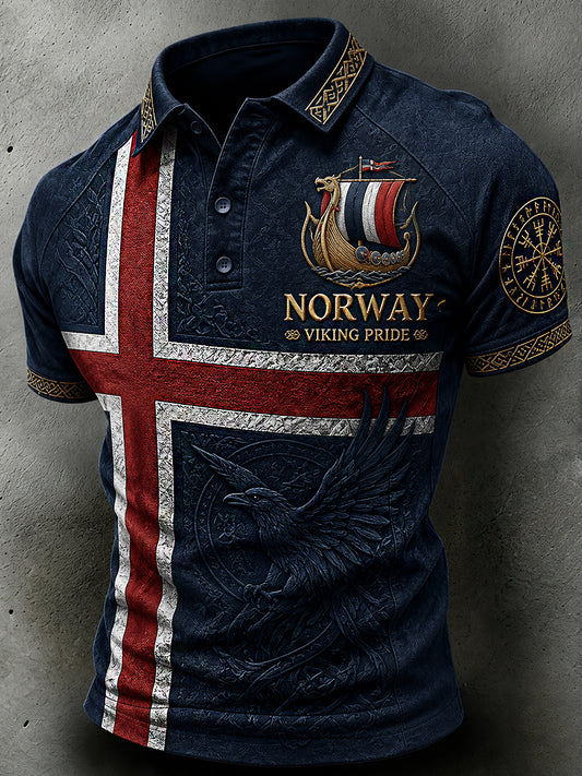 Herren-Poloshirt im Retro-Nordic-Stil mit norwegischem Kunstdruck