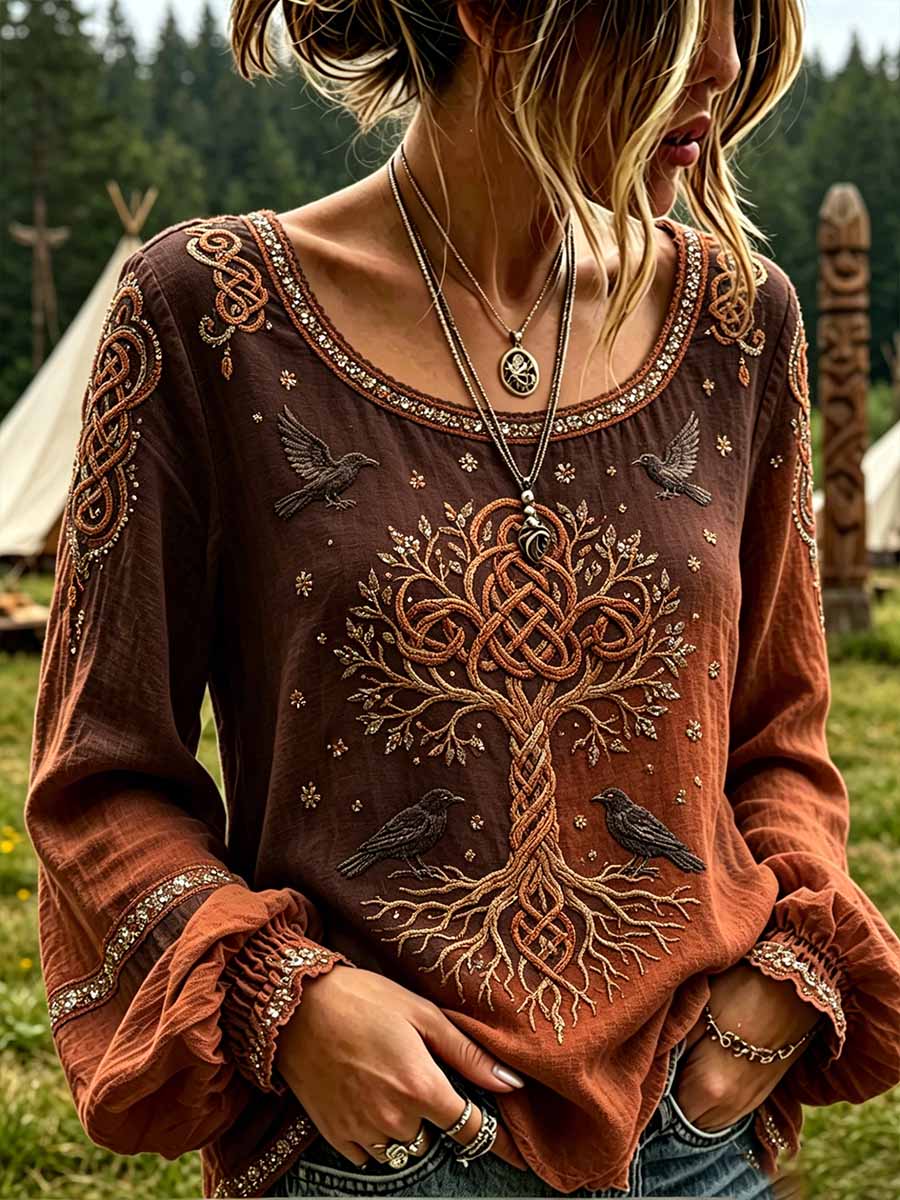 Damen-Retro-T-Shirt mit Baum-des-Lebens-Viking-Muster