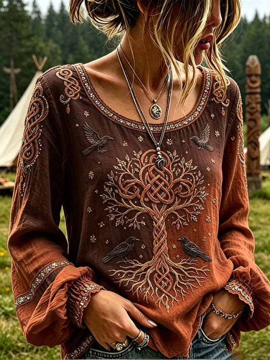 Damen-Retro-T-Shirt mit Baum-des-Lebens-Viking-Muster