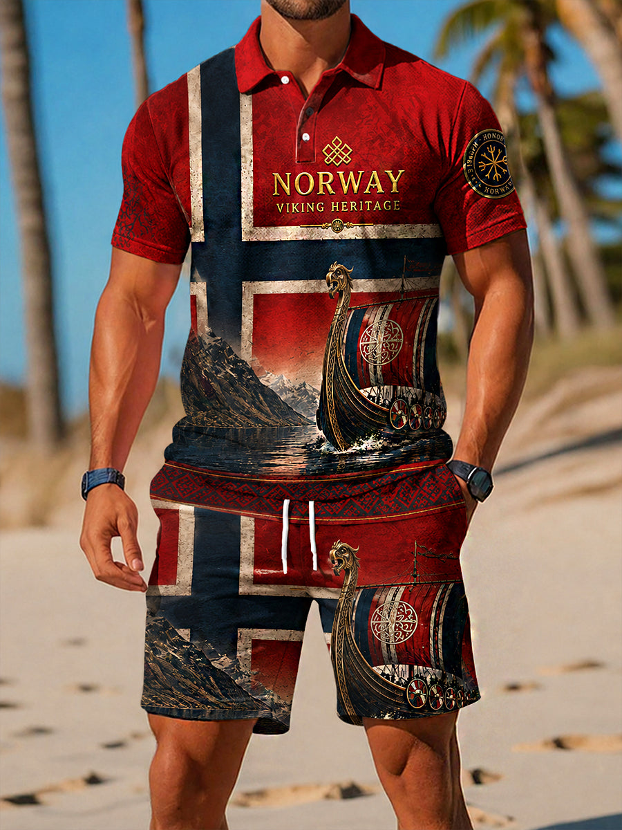 Zweiteiliges Herren-Retro-Set im nordischen Stil: Norwegischer Kunstdruck Freizeit-Polo & Shorts