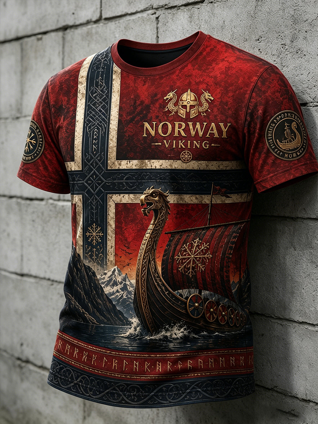 Herren-Retro-T-Shirt mit Wikinger-Print und kurzen Ärmeln