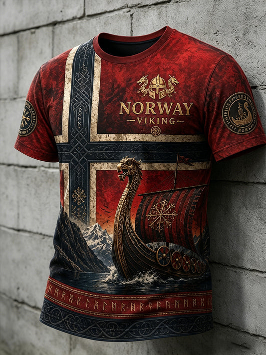 Herren-Retro-T-Shirt mit Wikinger-Print und kurzen Ärmeln