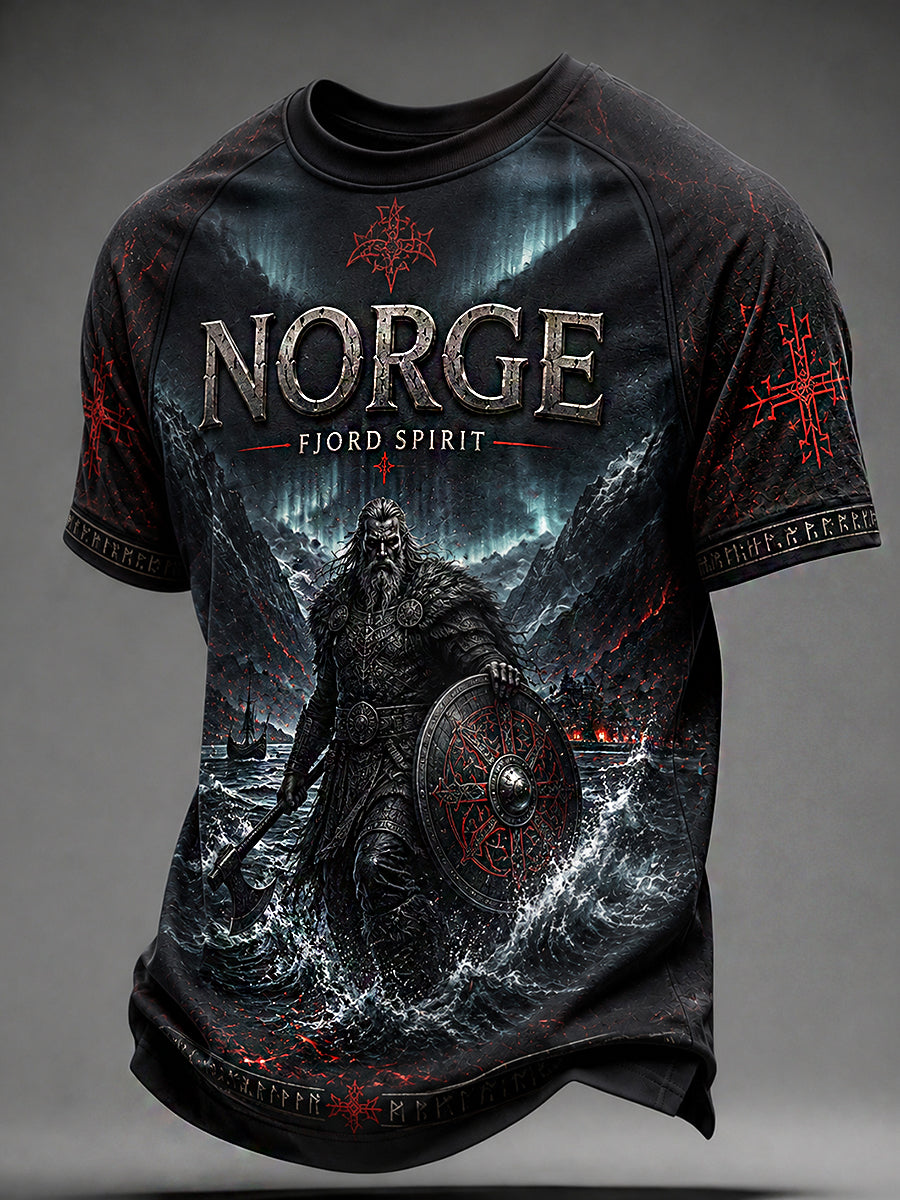 Herren-T-Shirt im Retro-Nordic-Stil mit norwegischem Kunstdruck