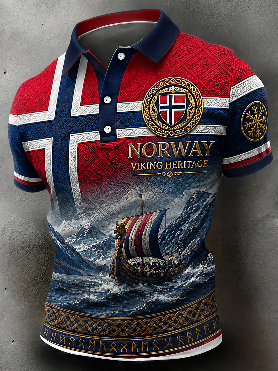 Herren-Poloshirt im Retro-Nordic-Stil mit norwegischem Kunstdruck