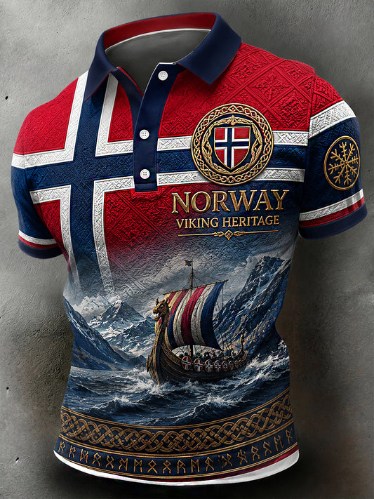 Herren-Poloshirt im Retro-Nordic-Stil mit norwegischem Kunstdruck