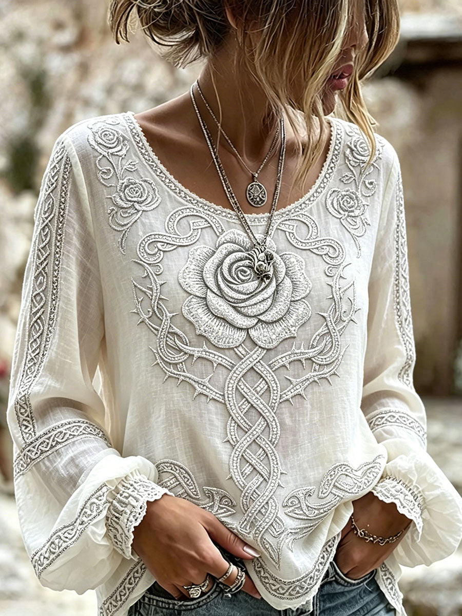 Frauen Viking Keltischer Knoten Rose Print Baumwoll-Leinen hemd