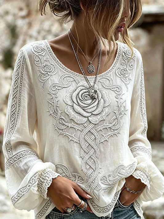 Frauen Viking Keltischer Knoten Rose Print Baumwoll-Leinen hemd