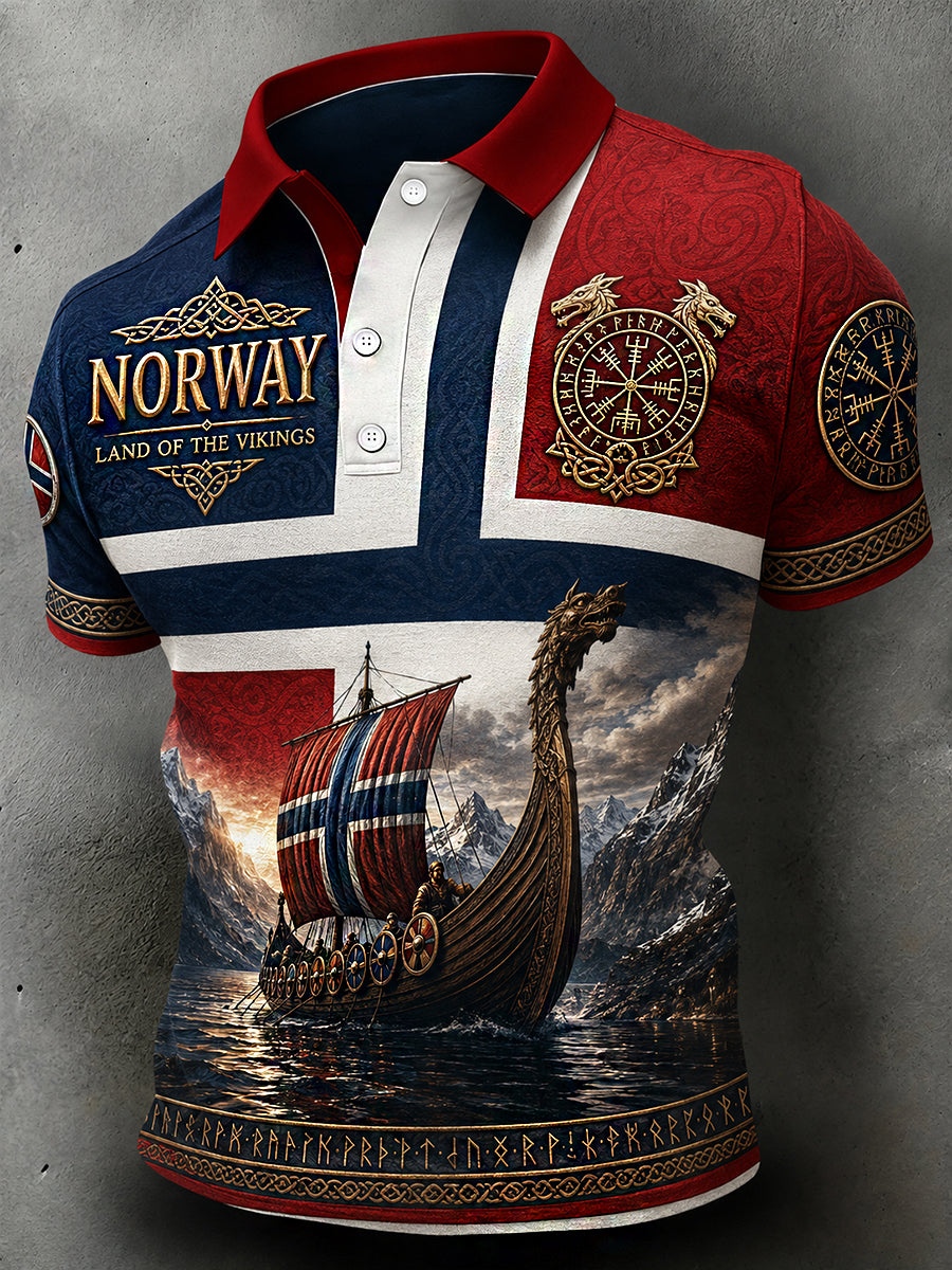 Herren-Poloshirt im Retro-Nordic-Stil mit norwegischem Kunstdruck