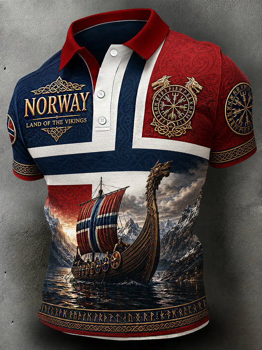 Herren-Poloshirt im Retro-Nordic-Stil mit norwegischem Kunstdruck