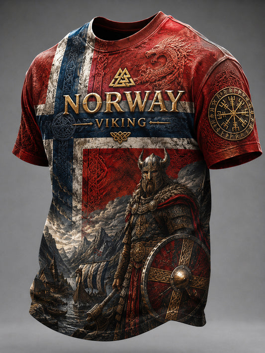 Herren-Retro-T-Shirt mit Wikinger-Print und kurzen Ärmeln