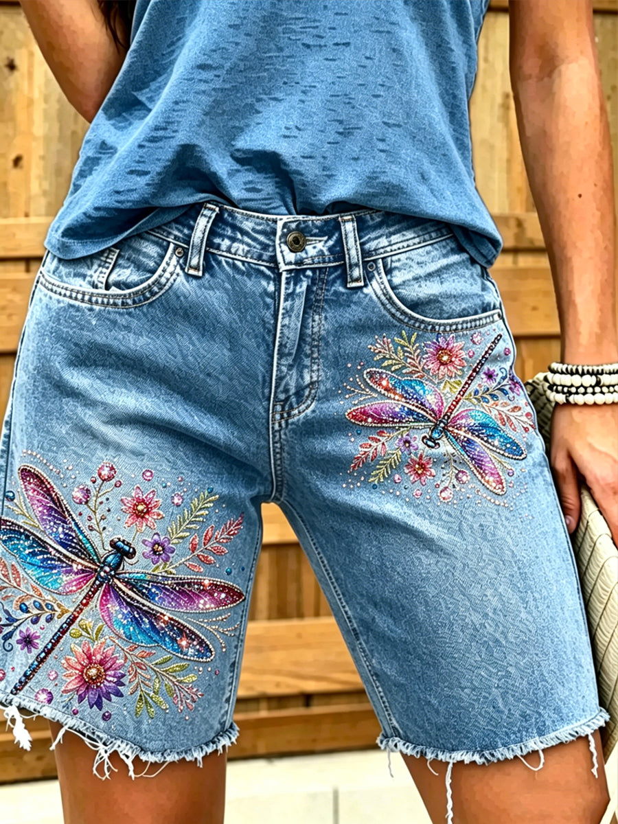 Damen-Tier-Libelle-Kunst bedruckte kurze Jeans