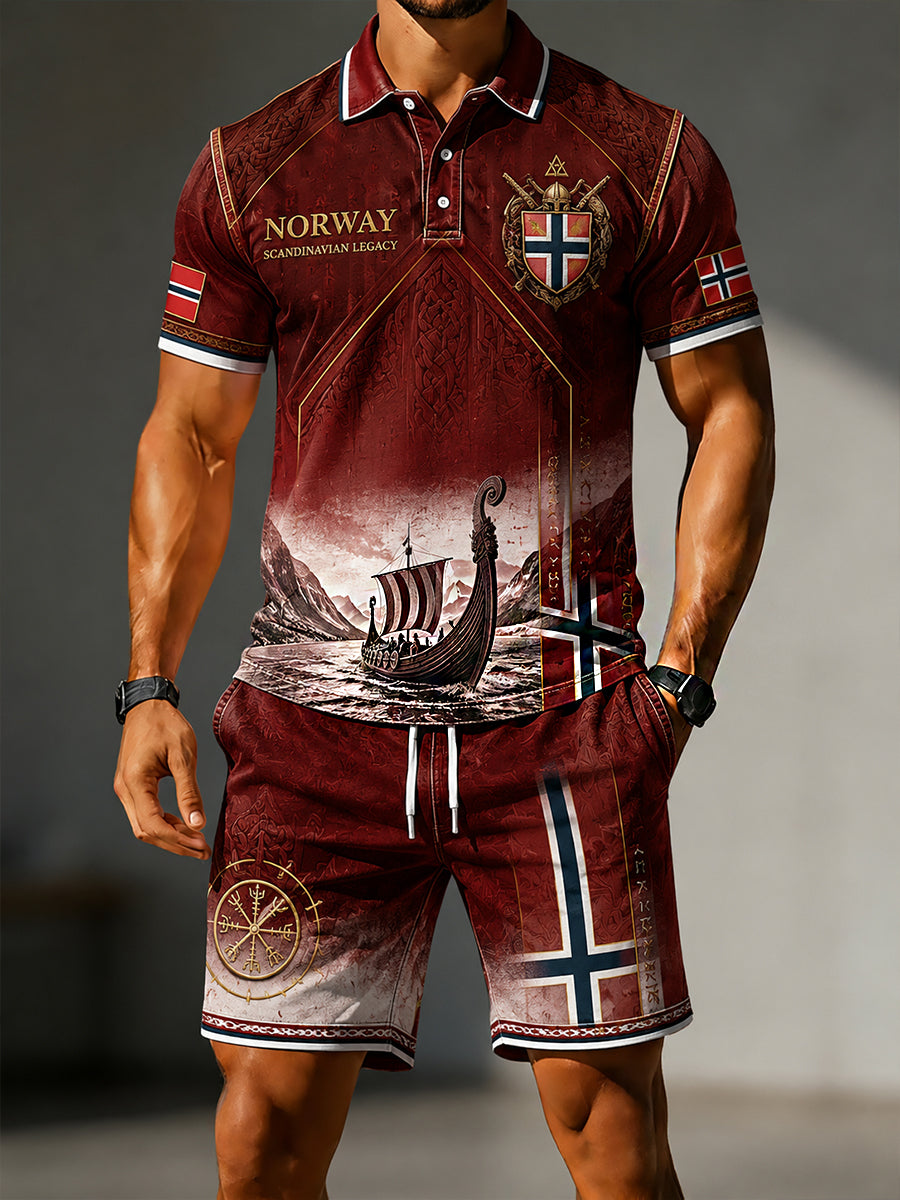 Herren-Retro-Set im nordischen Stil: Freizeit-Polo mit norwegischem Kunstdruck und Shorts