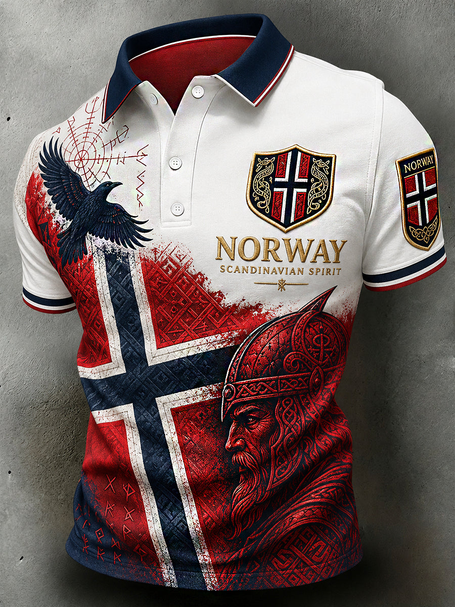 Herren-Poloshirt im Retro-Nordic-Stil mit norwegischem Kunstdruck