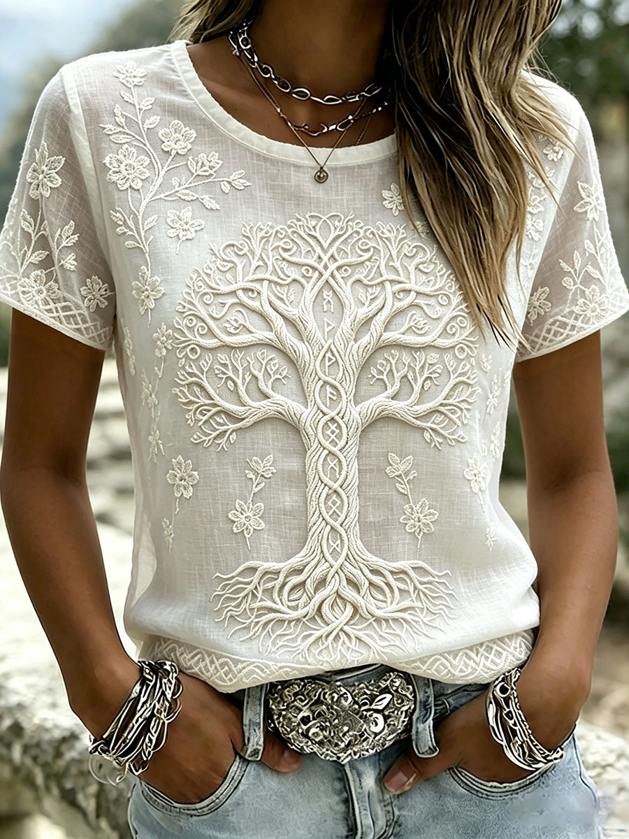 Frauen Wikinger Baum des Lebens Keltischer Knoten Druck Leinen Kurzarm T-Shirt