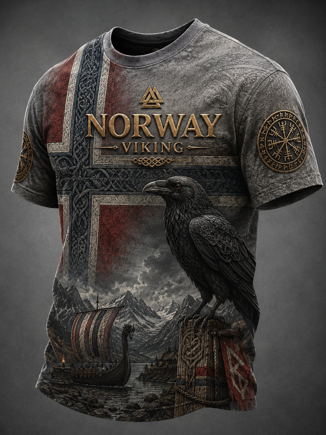 Herren-Retro-T-Shirt mit Wikinger-Print und kurzen Ärmeln