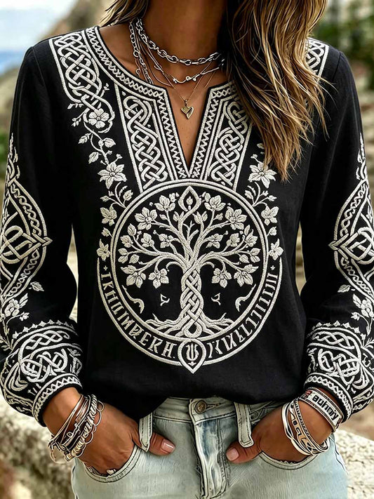 Frauen Mode Baum des Lebens Wikinger Muster Druck T-Shirt