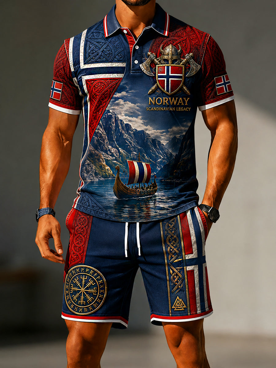Herren-Retro-Set im nordischen Stil: Freizeit-Polo mit norwegischem Kunstdruck und Shorts