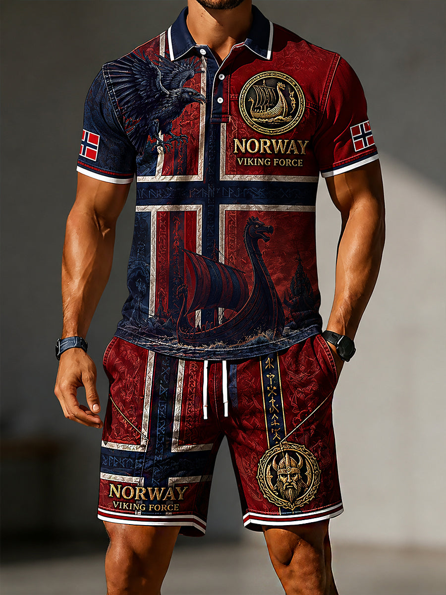 Herren-Retro-Set im nordischen Stil: Freizeit-Polo mit norwegischem Kunstdruck und Shorts