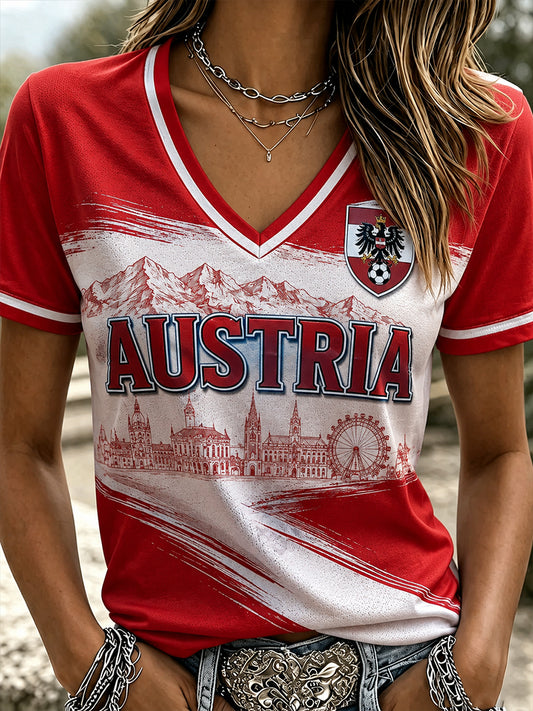Damen-T-Shirt mit Österreich-Fußballmotiv, lässig, V-Ausschnitt