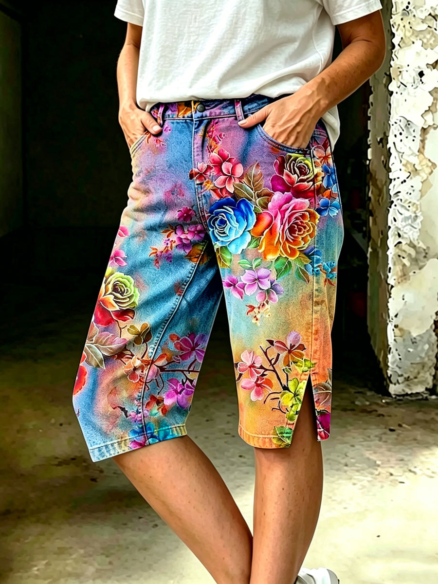 Damen-Midihose mit floralem Kunstdruck