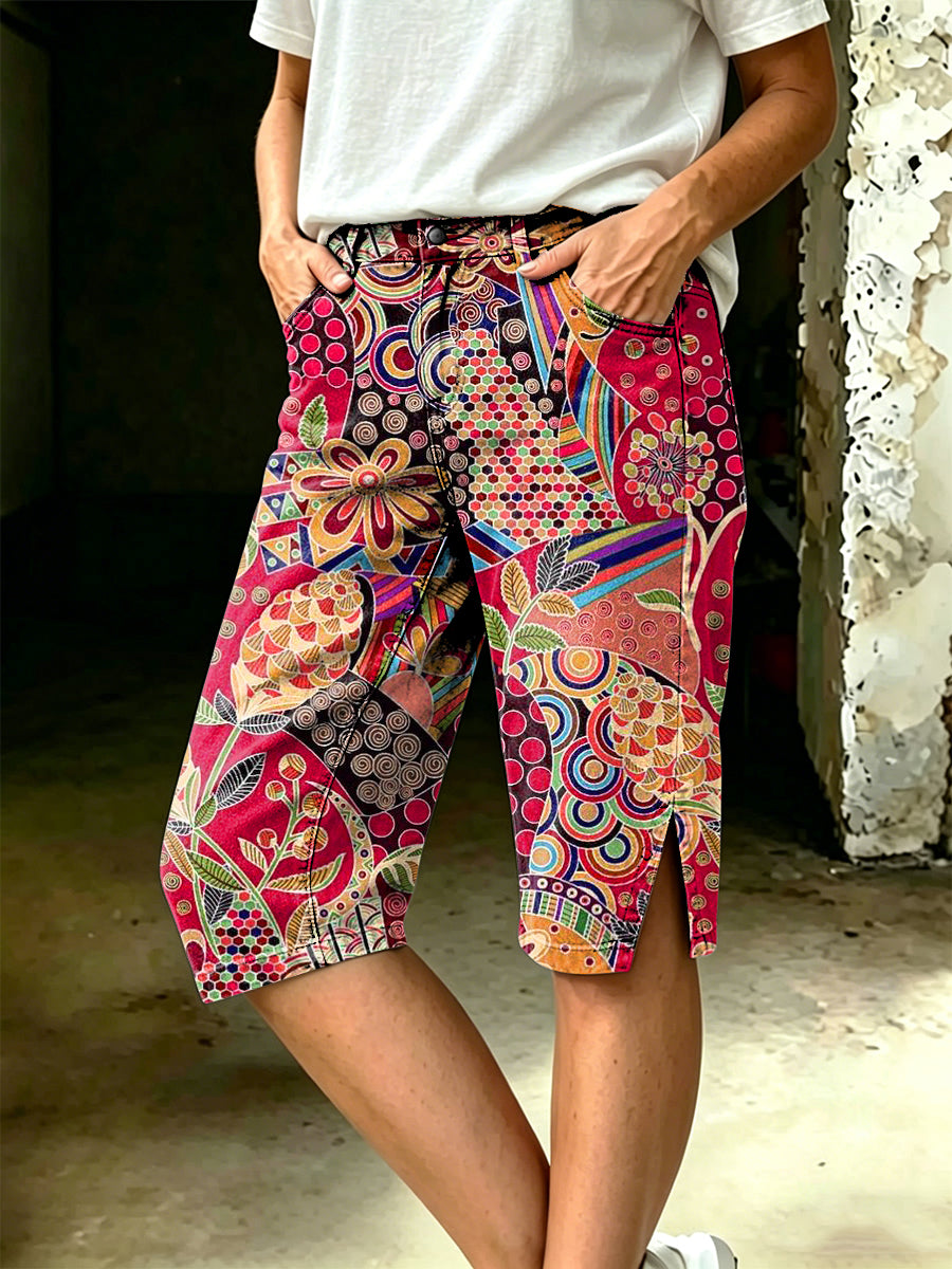 Damen-Midihose mit floralem Kunstdruck