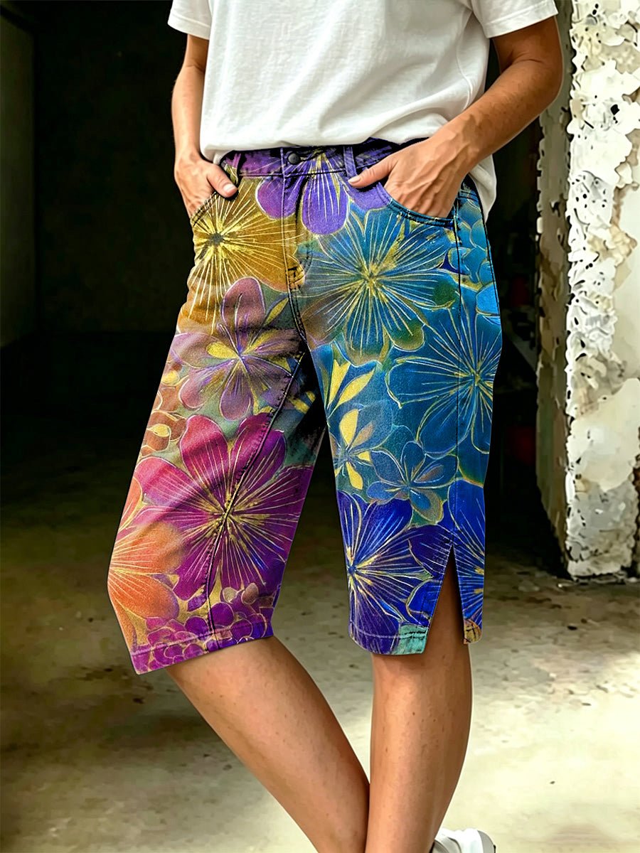 Damen-Midihose mit floralem Kunstdruck