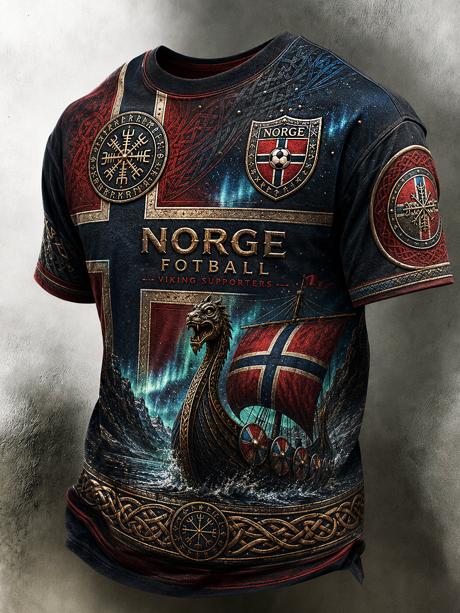 Herren-Retro-T-Shirt im nordischen Stil mit norwegischem Kunstdruck, lässig geschnitten