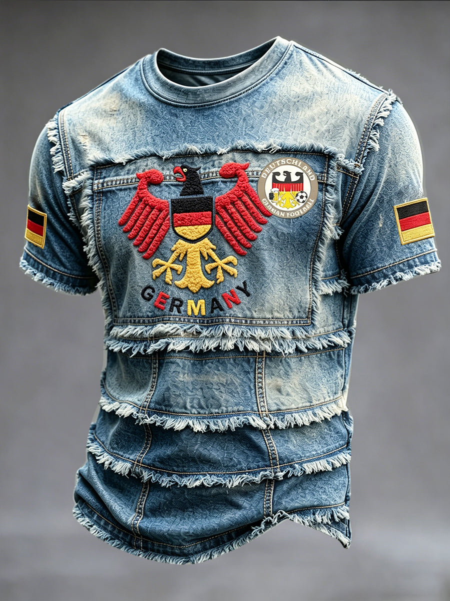 Herren-Beiläufiges T-Shirt im deutschen Retro-Stil mit Jeans-Patchwork-Print