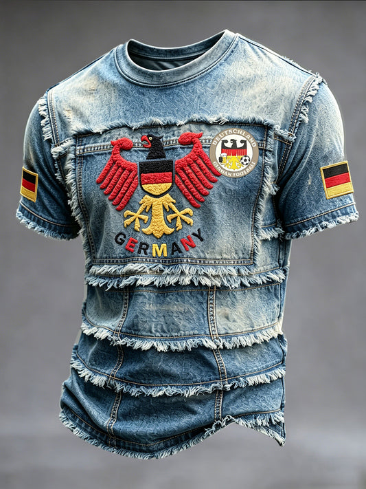Herren-Beiläufiges T-Shirt im deutschen Retro-Stil mit Jeans-Patchwork-Print