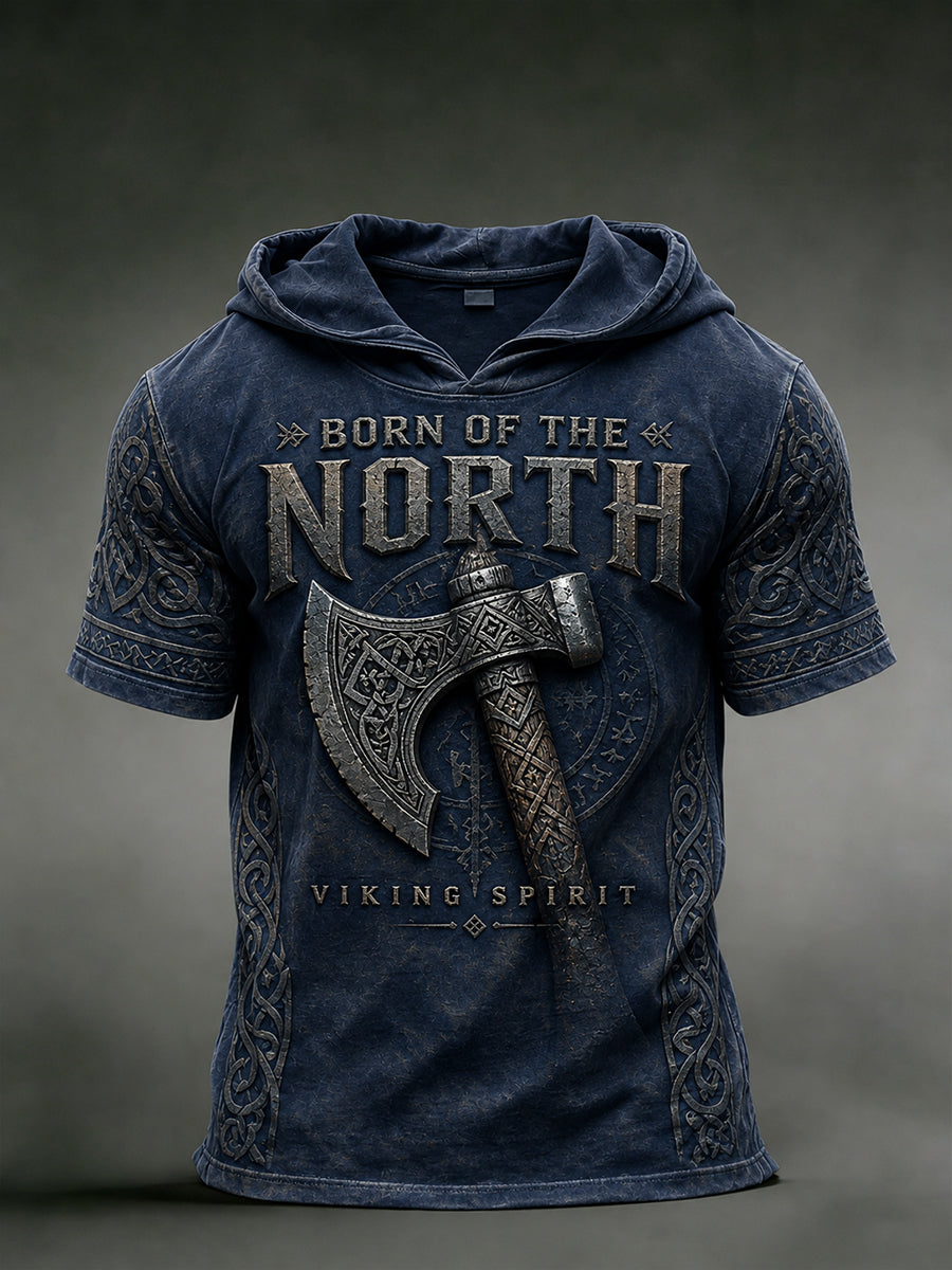 Herren Retro Viking Print Kurzarm Kapuzen pullover