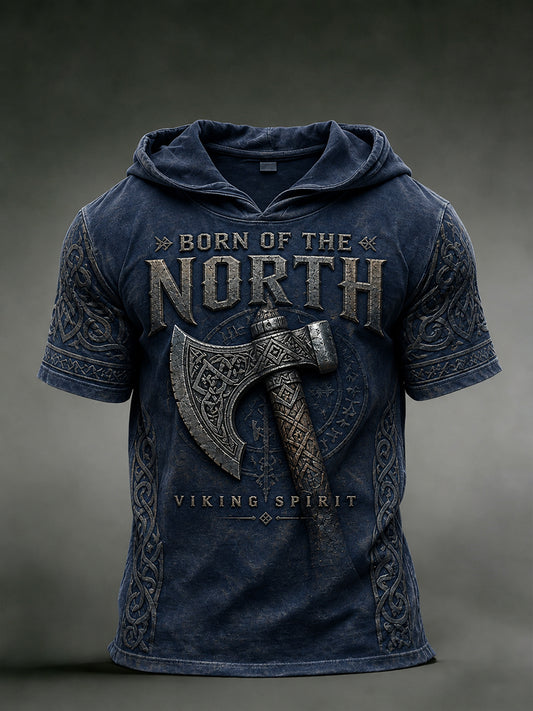 Herren Retro Viking Print Kurzarm Kapuzen pullover