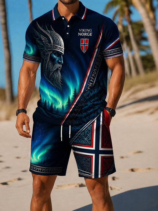 Herren-2-teiliges Freizeitset im Retro-Nordic-Stil mit norwegischem Kunstdruck