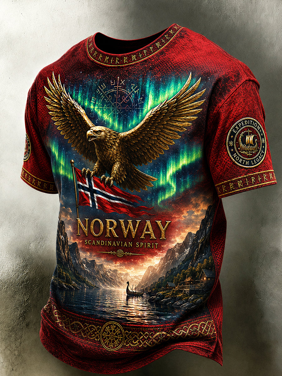 Herren-Retro-T-Shirt im nordischen Stil mit norwegischem Kunstdruck, lässig geschnitten