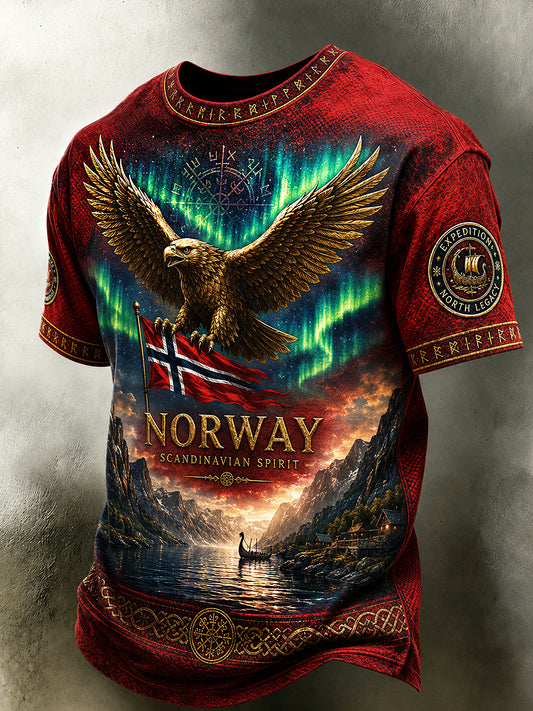 Herren-Retro-T-Shirt im nordischen Stil mit norwegischem Kunstdruck, lässig geschnitten