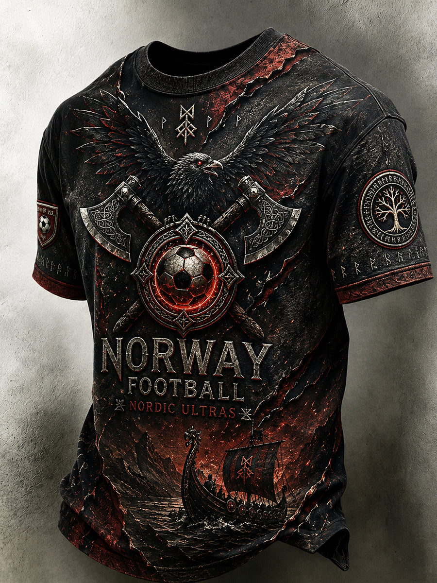 Herren-Retro-T-Shirt im nordischen Stil mit norwegischem Kunstdruck, lässig geschnitten