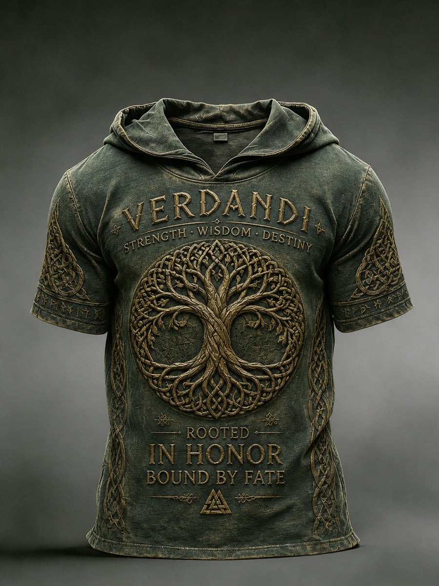 Herren-Retro-Viking-Print-Kapuzenpullover mit kurzen Ärmeln
