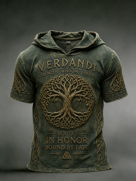 Herren-Retro-Viking-Print-Kapuzenpullover mit kurzen Ärmeln