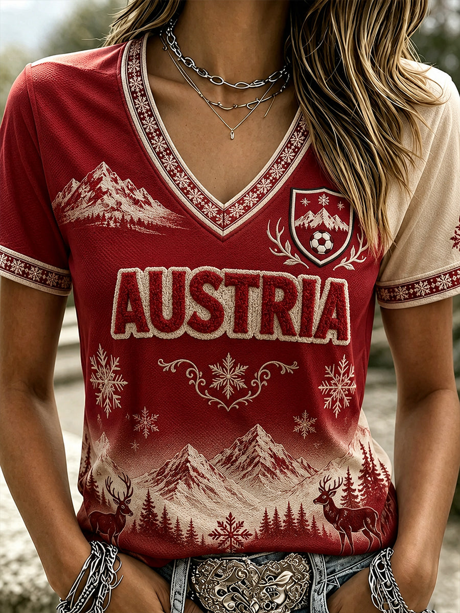 Damen-T-Shirt mit Österreich-Fußballmotiv, lässig, V-Ausschnitt
