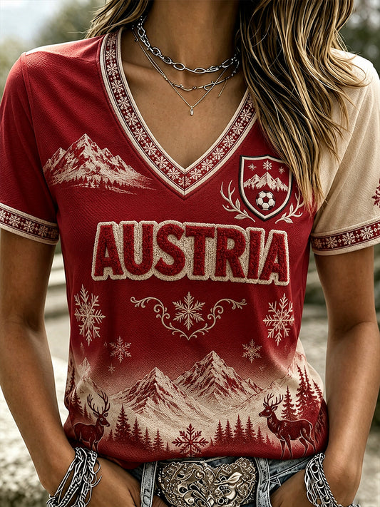 Damen-T-Shirt mit Österreich-Fußballmotiv, lässig, V-Ausschnitt