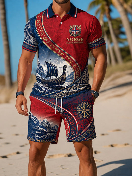 Herren-2-teiliges Freizeitset im Retro-Nordic-Stil mit norwegischem Kunstdruck
