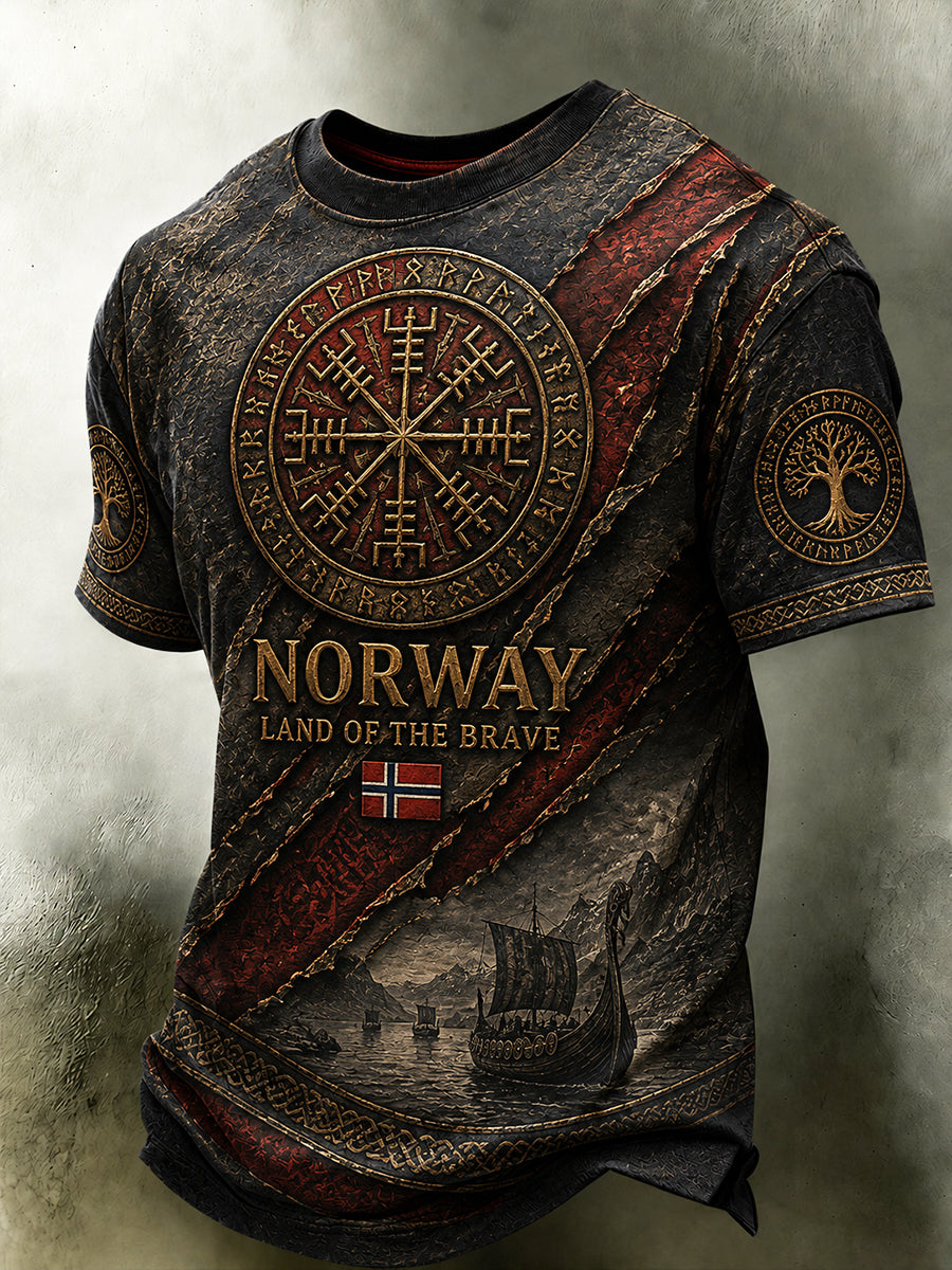 Herren-Retro-T-Shirt im nordischen Stil mit norwegischem Kunstdruck, lässig geschnitten