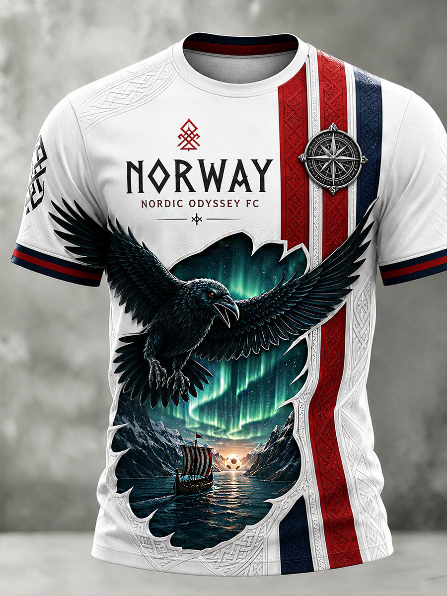 Herren-Retro-T-Shirt im nordischen Stil mit norwegischem Kunstdruck, lässig geschnitten