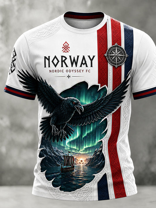 Herren-Retro-T-Shirt im nordischen Stil mit norwegischem Kunstdruck, lässig geschnitten