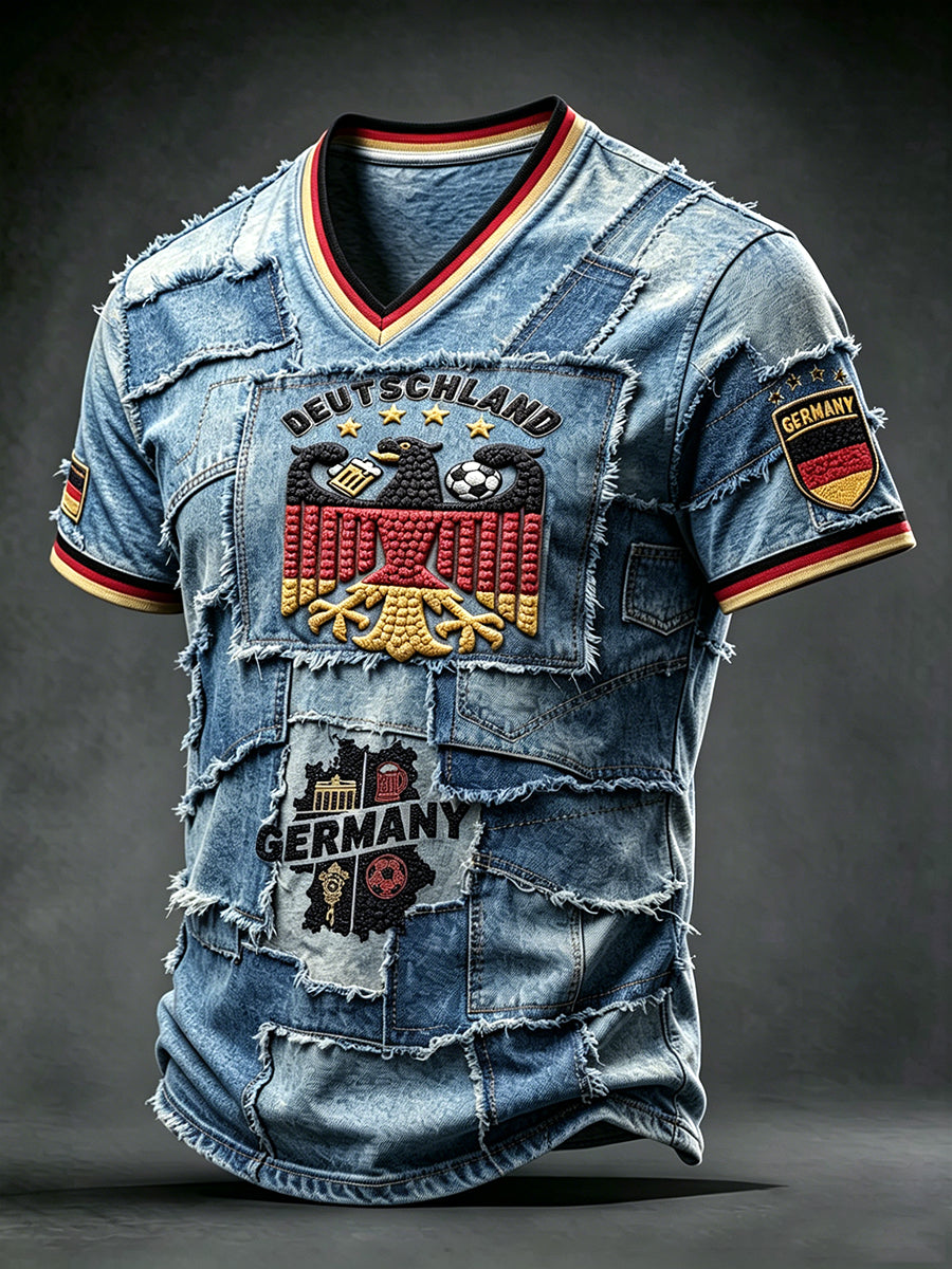 Herren-Vintage-T-Shirt im Patchwork-Design mit deutscher Flagge, lässiger V-Ausschnitt