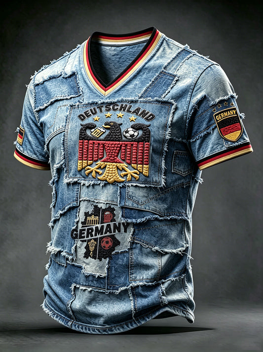 Herren-Vintage-T-Shirt im Patchwork-Design mit deutscher Flagge, lässiger V-Ausschnitt