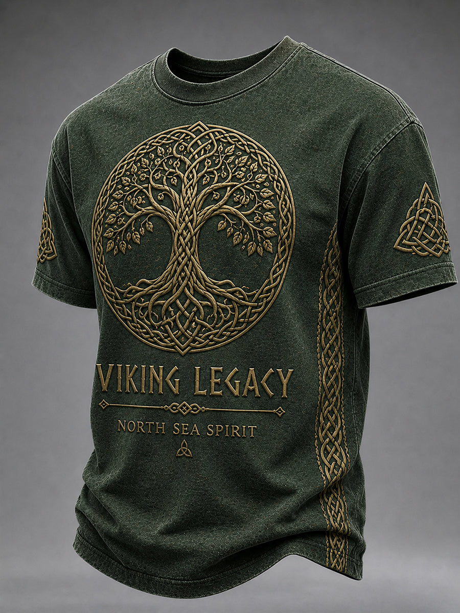 Herren-Retro-T-Shirt mit Wikinger-Print und kurzen Ärmeln