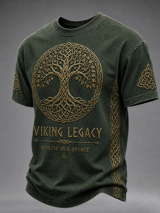 Herren-Retro-T-Shirt mit Wikinger-Print und kurzen Ärmeln