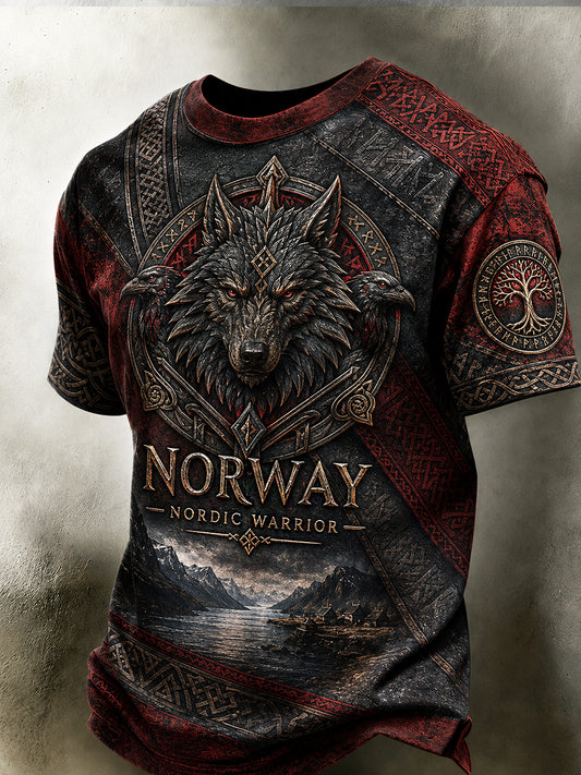 Herren-Retro-T-Shirt im nordischen Stil mit norwegischem Kunstdruck, lässig geschnitten
