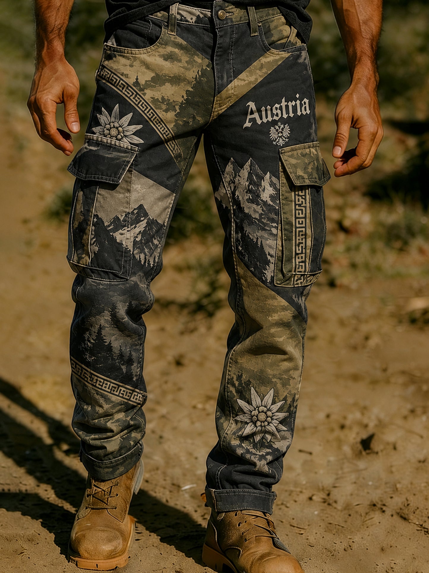 Herrenhose mit österreichischem Tarnmuster und künstlerischem Print