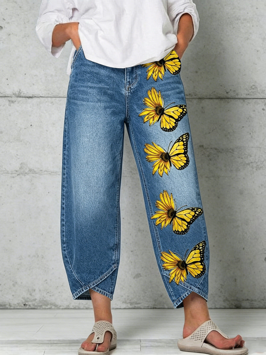 Damen-Hose mit Tier- und Schmetterlings-Art-Print